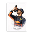 Watercolour-style print of Daniel Ricciardo celebrating with a shoey in Red Bull Racing overalls