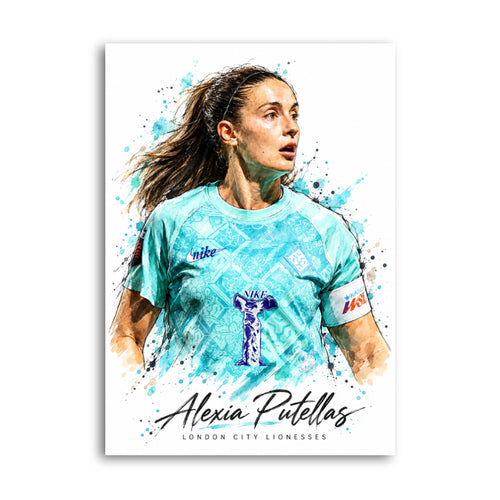 Watercolour-style football portrait in turquoise with Alexia Putellas and London City Lionesses lettering.