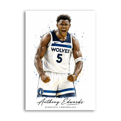 Watercolour-style print of Anthony Edwards celebrating for the Minnesota Timberwolves