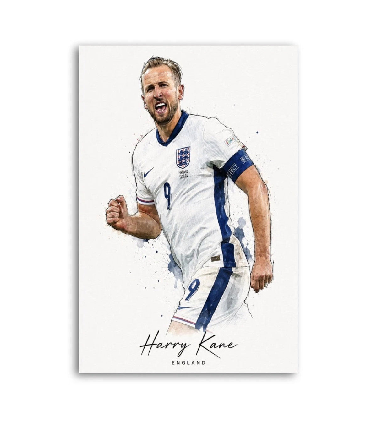 Watercolour-style Harry Kane England number 9 football print with his name below
