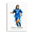 Gabriel Batistuta in Argentina blue kit, watercolour football illustration
