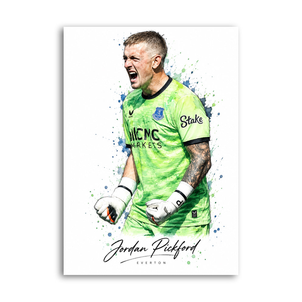 Jordan Pickford in an Everton goalkeeper kit, watercolour-style football wall art