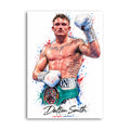 Dalton Smith watercolour-style boxing portrait with a raised white glove, green championship belt and red and blue paint splashes.