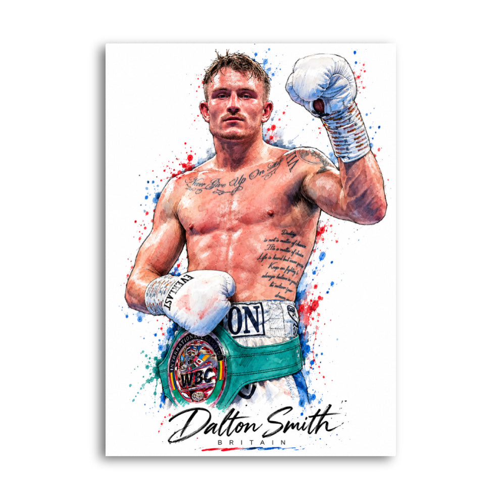 Dalton Smith watercolour-style boxing portrait with a raised white glove, green championship belt and red and blue paint splashes.