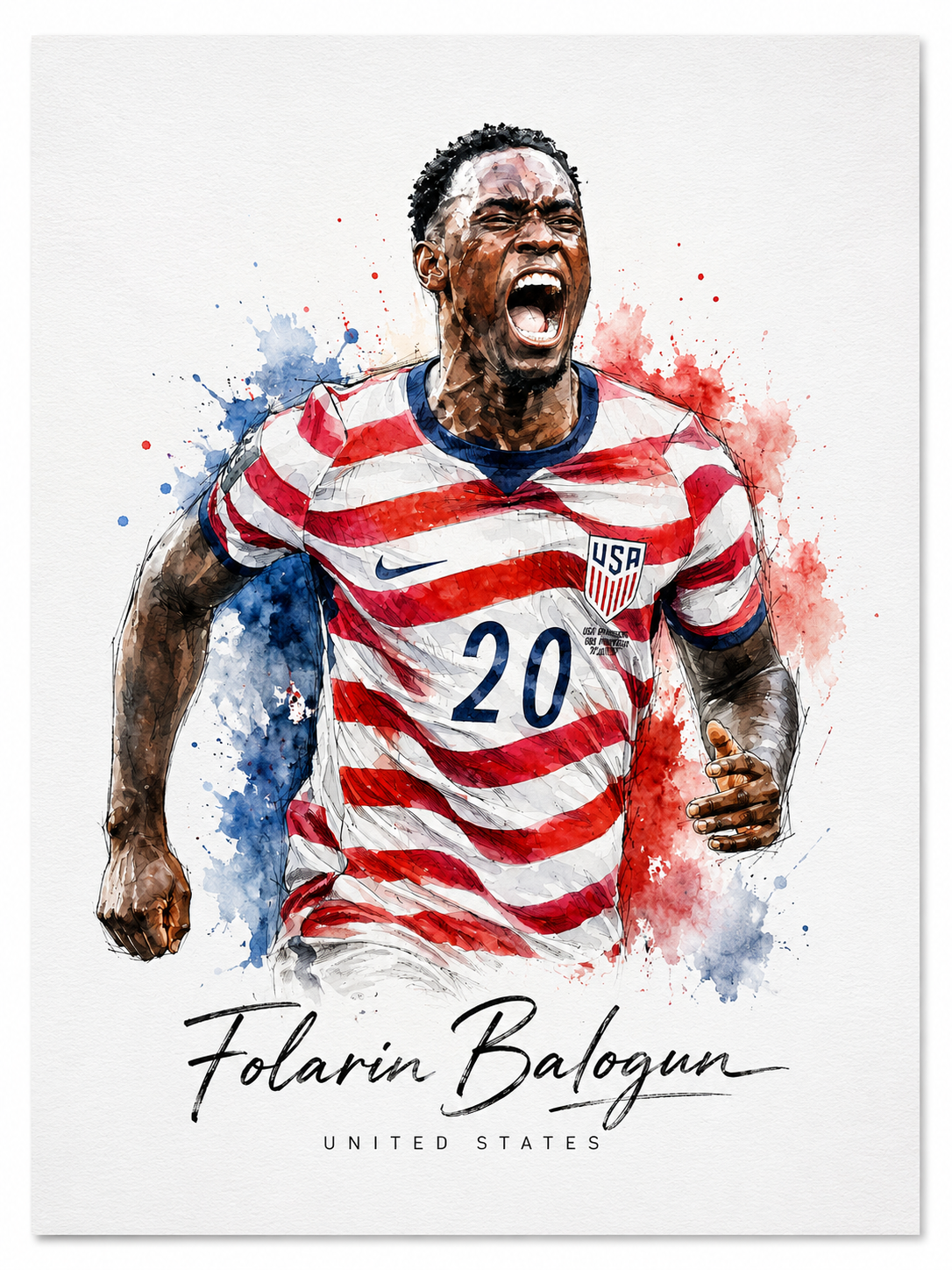 Folarin Balogun USA World Cup 2026 Watercolour Football Art Print | United States Soccer Wall Art | A4 Sports Poster (No Frame)