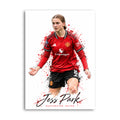 Jess Park football artwork in a red Manchester United kit with red and black paint splashes and name lettering.