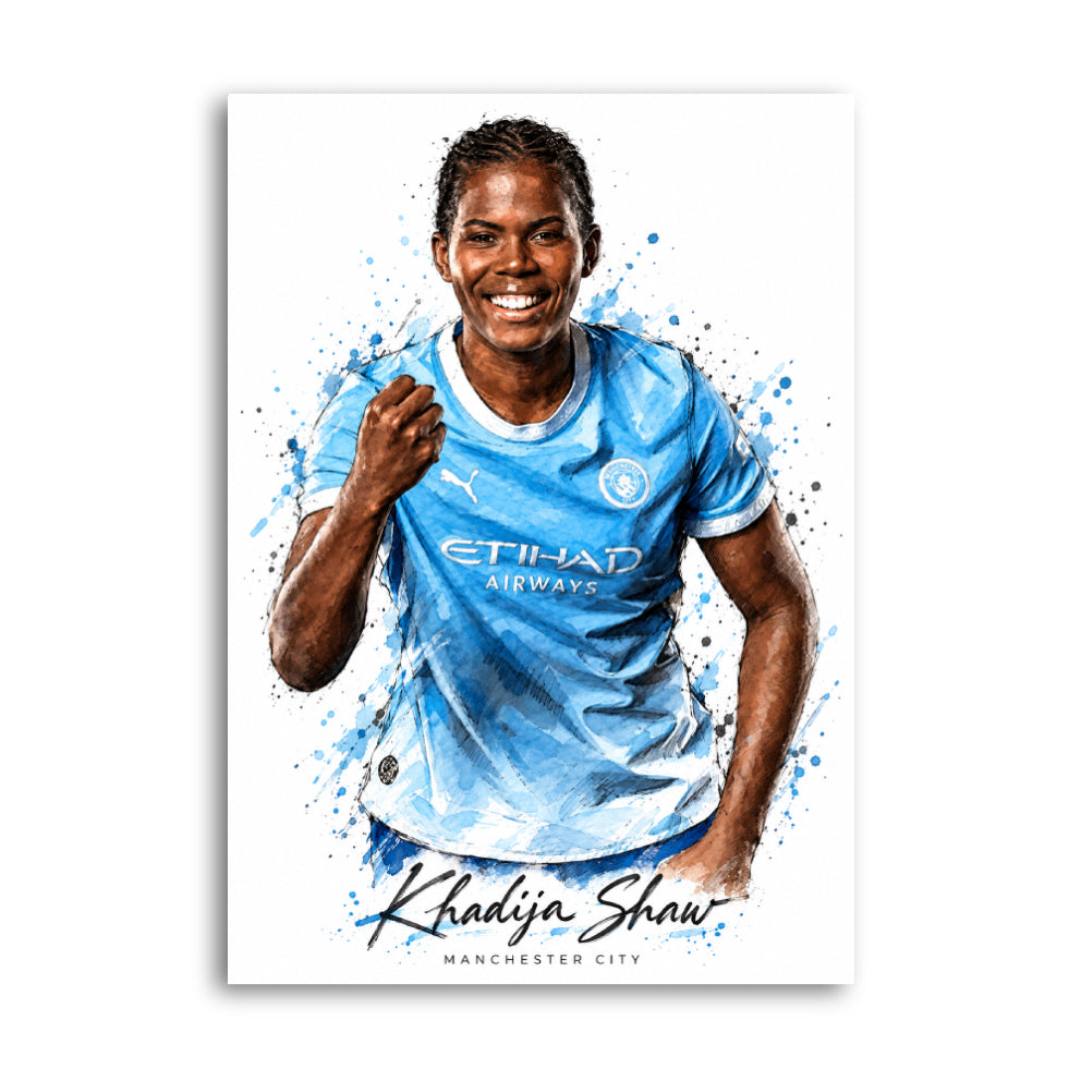 Khadija Shaw in Manchester City sky-blue kit with watercolour-style splashes and name lettering.