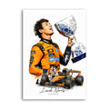 Watercolour-style print of Lando Norris celebrating with a trophy and his McLaren car