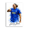 Lauren James smiling in Chelsea’s blue kit with blue and yellow watercolour-style splashes and name lettering.