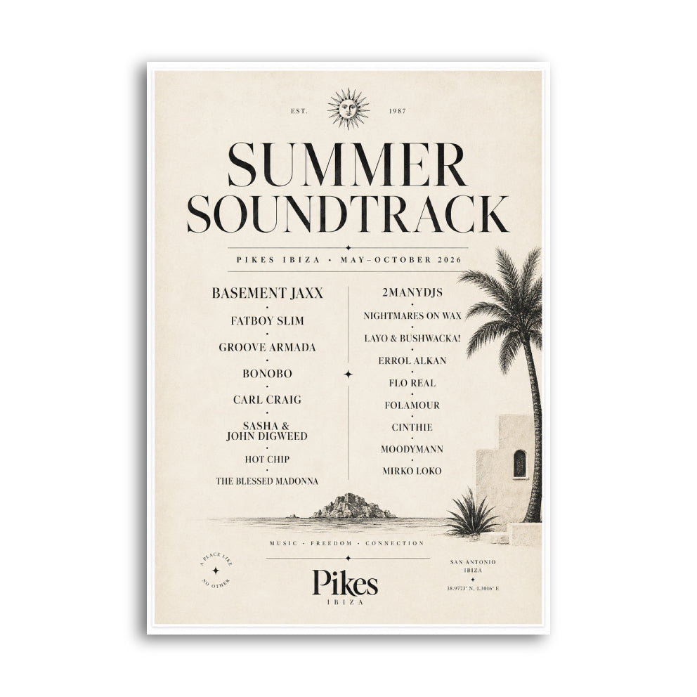 Dark Pikes Ibiza graphic poster with moon, neon poolside arches and disco motifs