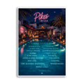 Vintage-style Pikes Ibiza Summer 2026 lineup poster with palms and sunset