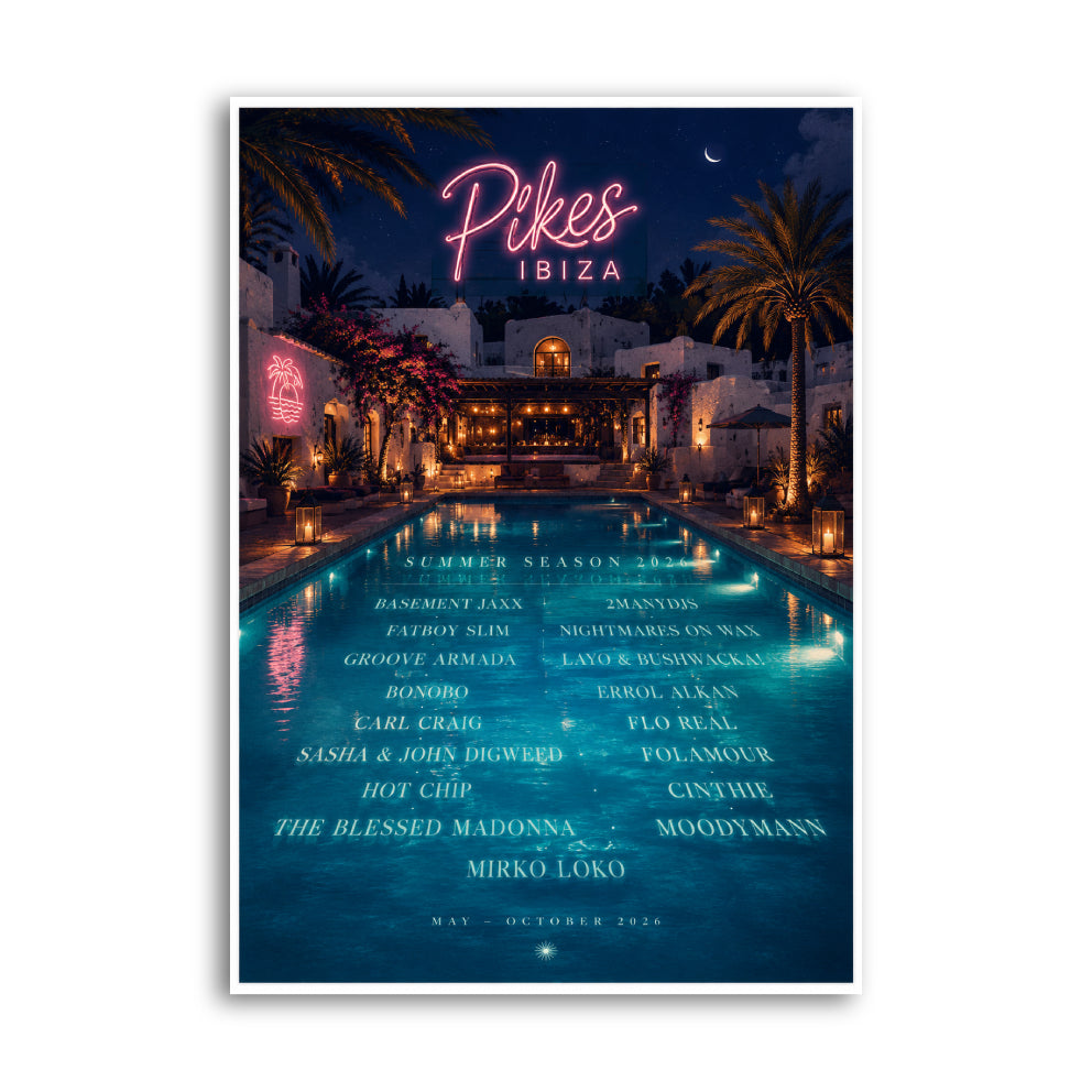 Vintage-style Pikes Ibiza Summer 2026 lineup poster with palms and sunset