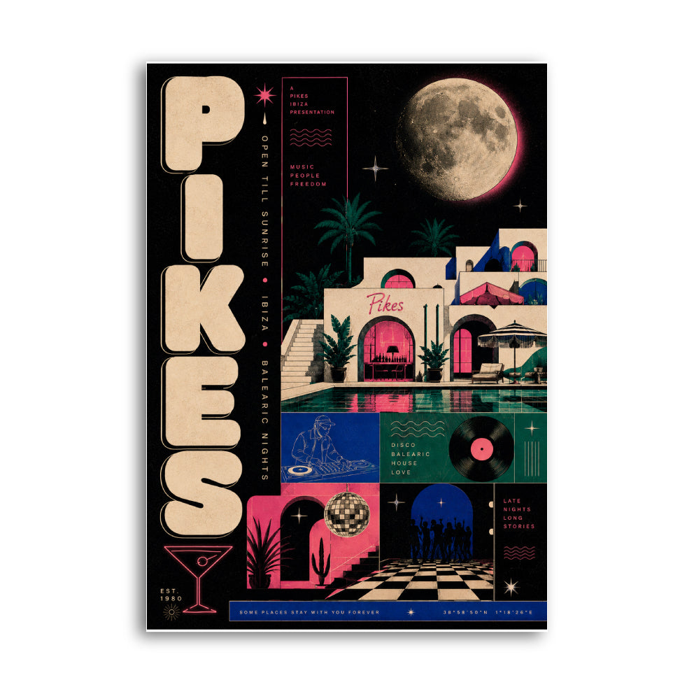 Pikes Ibiza neon pool at night poster with palm trees and summer music lineup