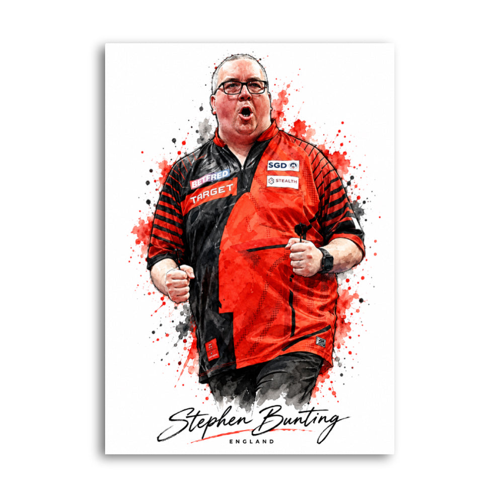 Stephen Bunting celebrating in a red and black darts shirt, with red, black and grey watercolour splashes and his name beneath.
