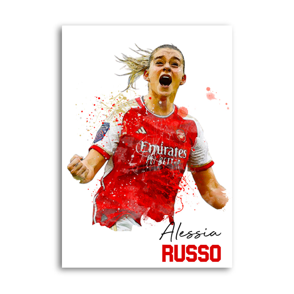 Alessia Russo celebrating in Arsenal’s red-and-white kit with paint-splash effects and her name beneath.