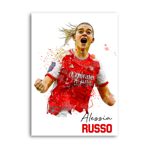 Alessia Russo celebrating in Arsenal’s red-and-white kit with paint-splash effects and her name beneath.