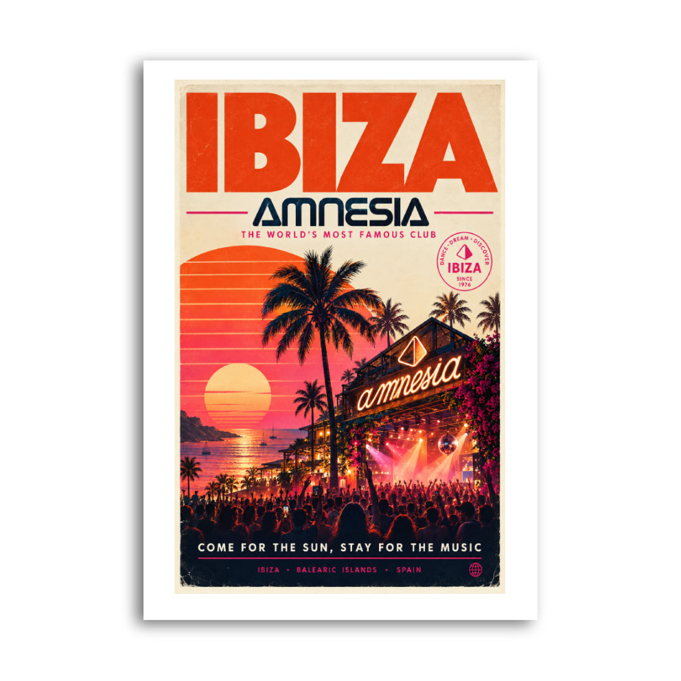 Amnesia Ibiza sunset club poster with palms, bold lettering and music crowd