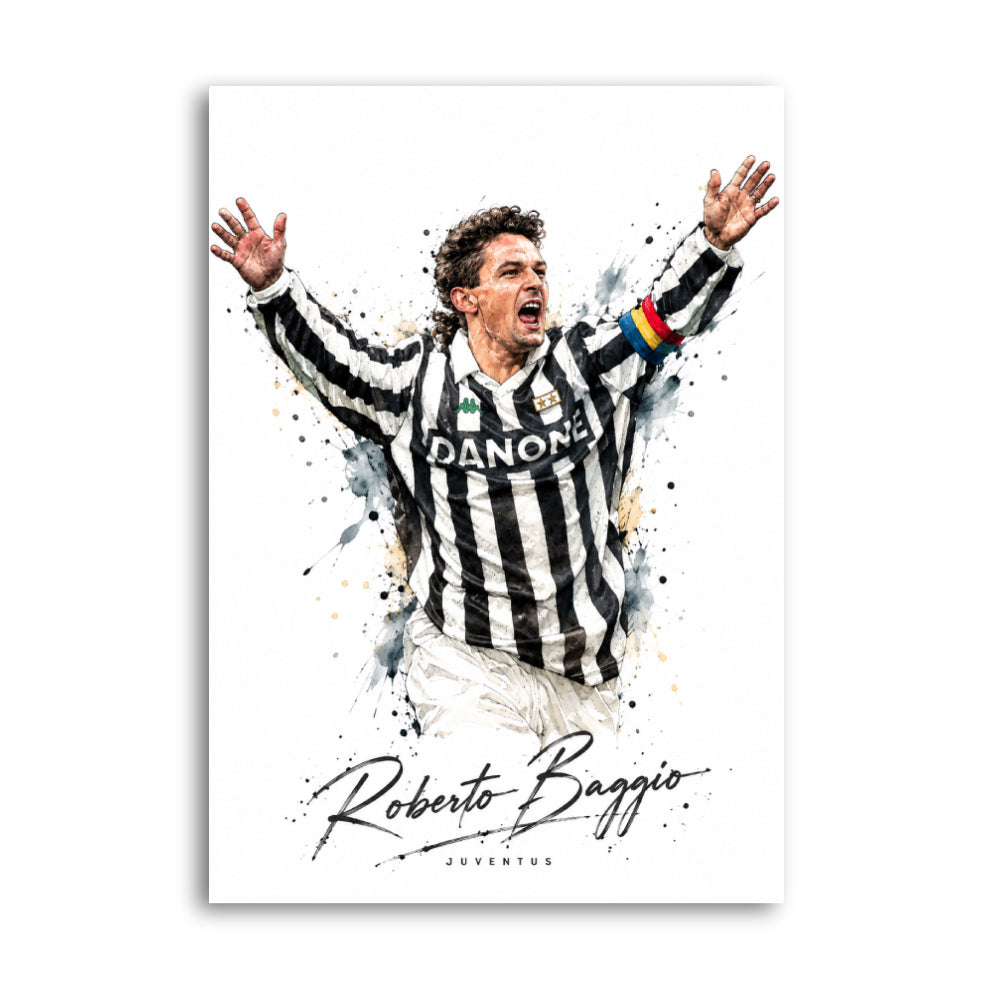 Roberto Baggio celebrating in a Juventus black-and-white striped shirt in a football art print