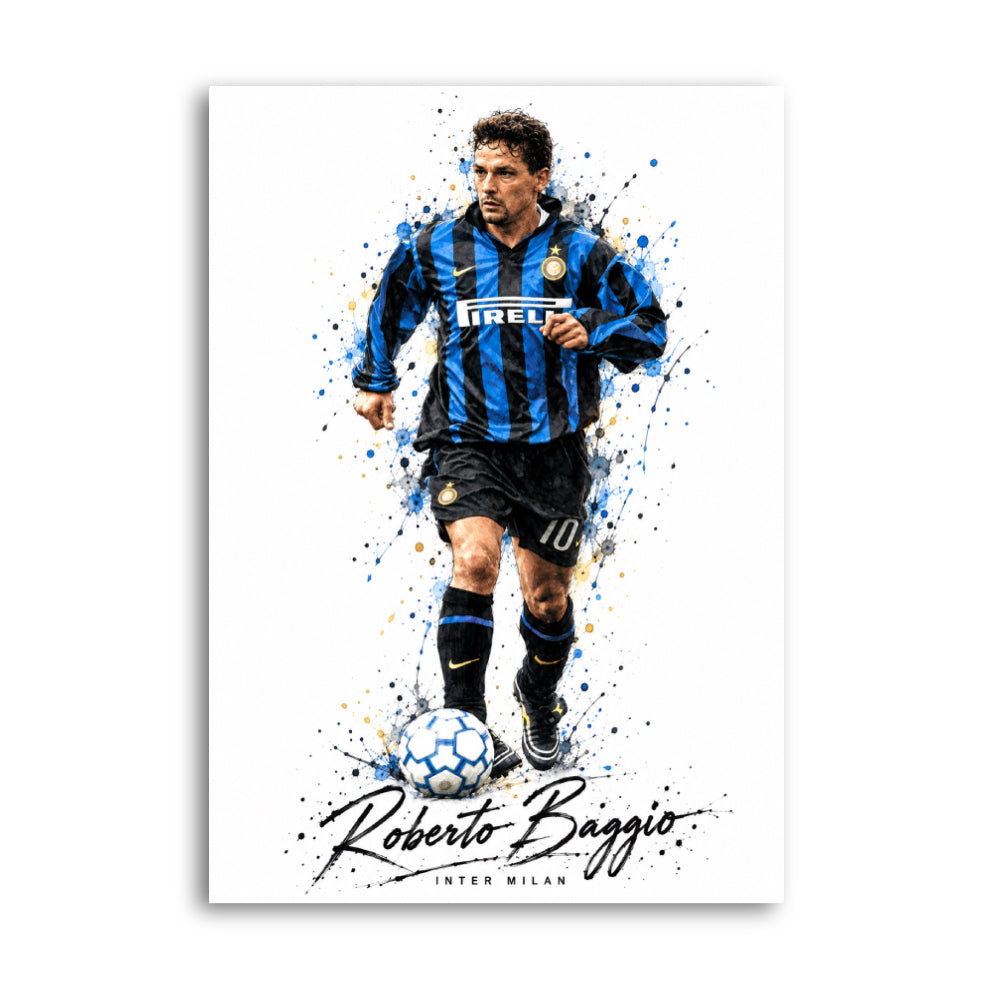 Roberto Baggio in an Inter Milan blue-and-black shirt with a ball in a football art print