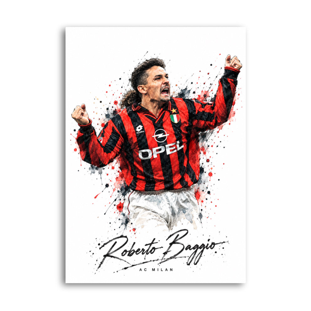 Roberto Baggio in an AC Milan red-and-black shirt in a football art print