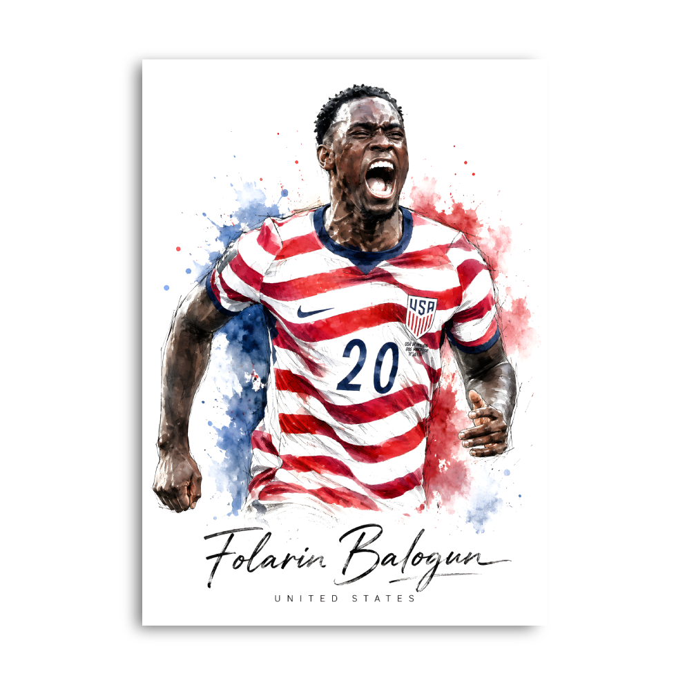 Folarin Balogun celebrating in a USA red-and-white number 20 shirt