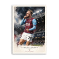 Jarrod Bowen in a West Ham United kit celebrating under the stadium floodlights
