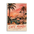 Café Mambo Ibiza sunset sessions poster with palm trees and seaside terrace