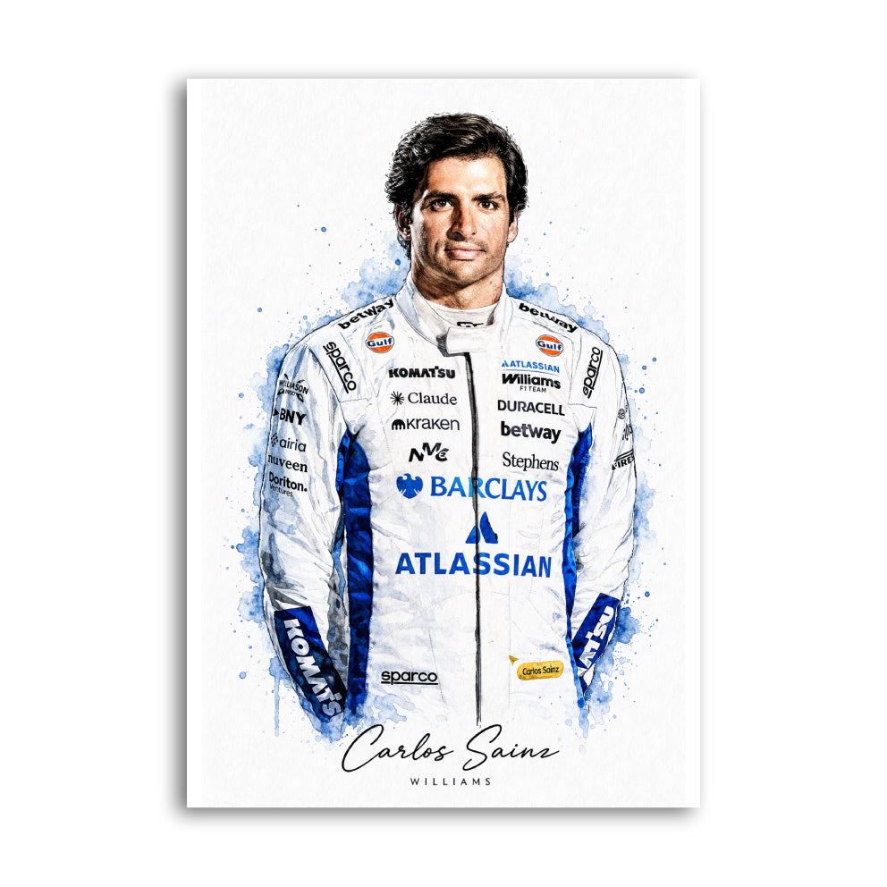 Watercolour-style print of Carlos Sainz in Williams race suit
