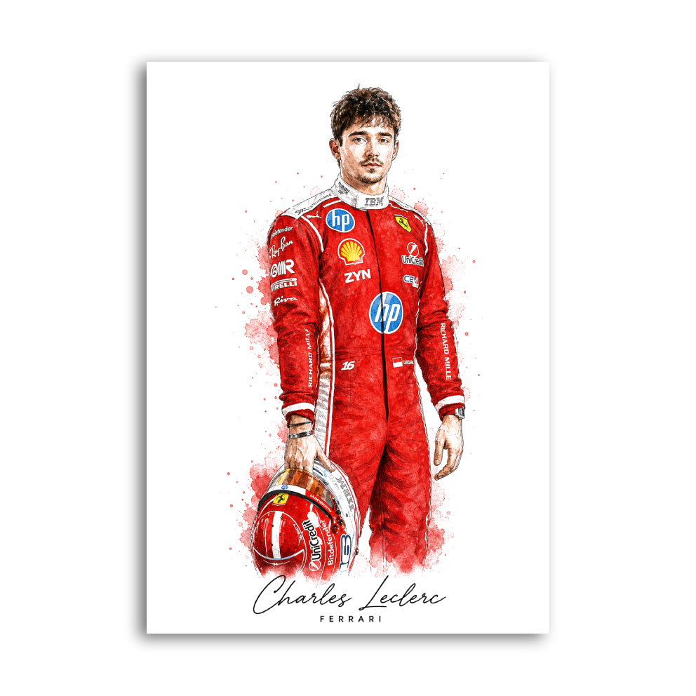 Watercolour-style print of Charles Leclerc in Ferrari race suit holding helmet