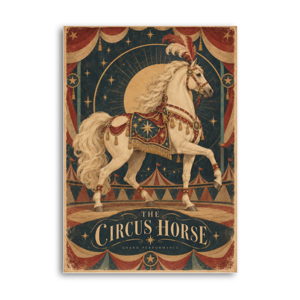Vintage circus poster illustration of a white horse performing in the circus ring
