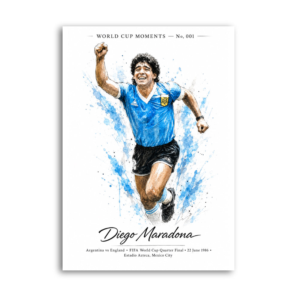 Diego Maradona celebrating in Argentina blue kit with watercolour splashes