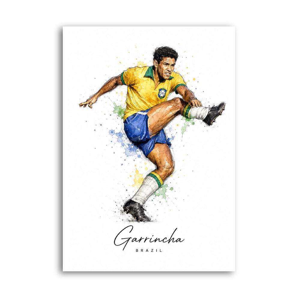 Garrincha kicking a football in Brazil kit with watercolour accents
