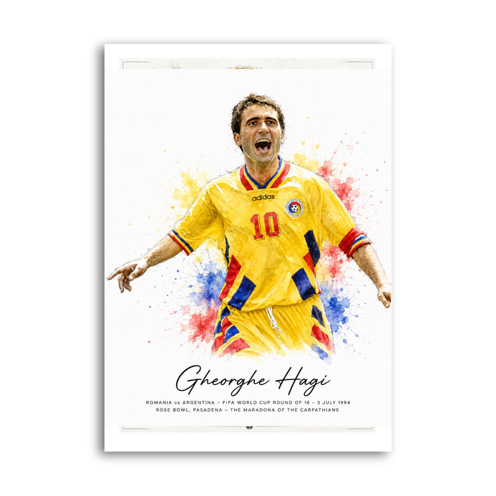 Gheorghe Hagi celebrating in Romania yellow kit with watercolour accents
