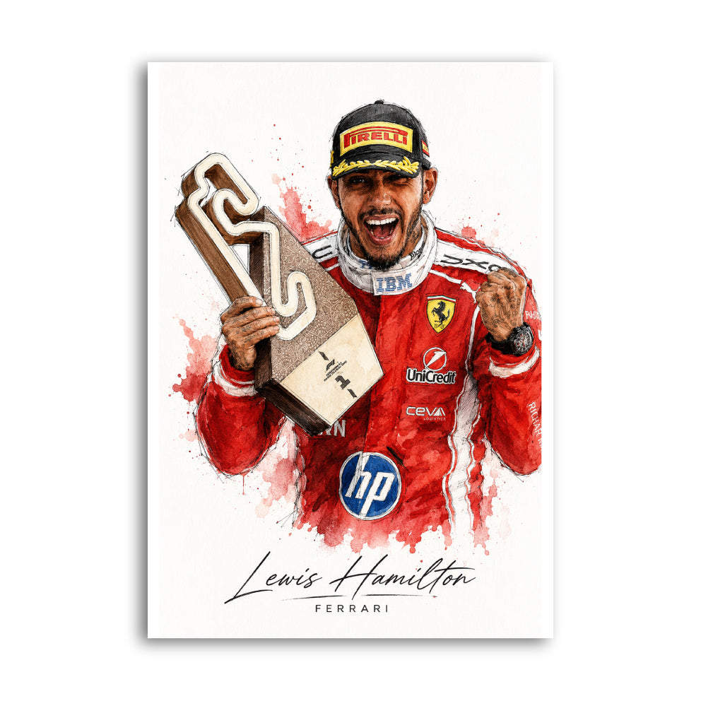 Watercolour-style print of Lewis Hamilton celebrating with a trophy in Ferrari race suit