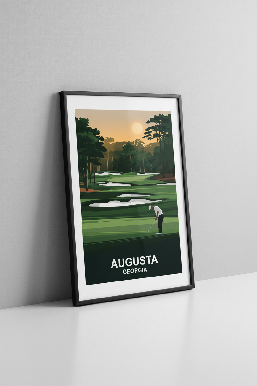 Augusta Georgia golf course print in black frame close-up