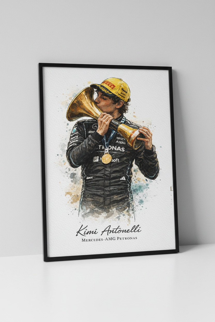Kimi Antonelli Mercedes-AMG Petronas print in black frame close-up