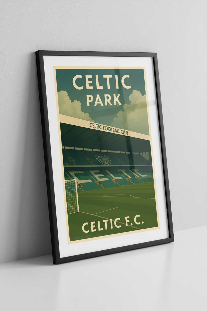 Celtic Park stadium print in black frame close-up