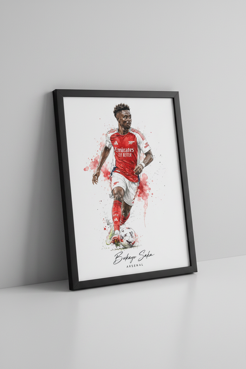 Bukayo Saka Arsenal print in black frame close-up