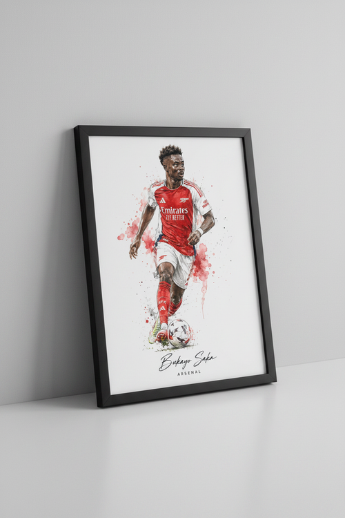 Bukayo Saka Arsenal print in black frame close-up