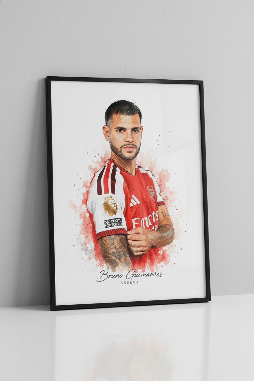 Bruno Guimarães Arsenal print in black frame close-up