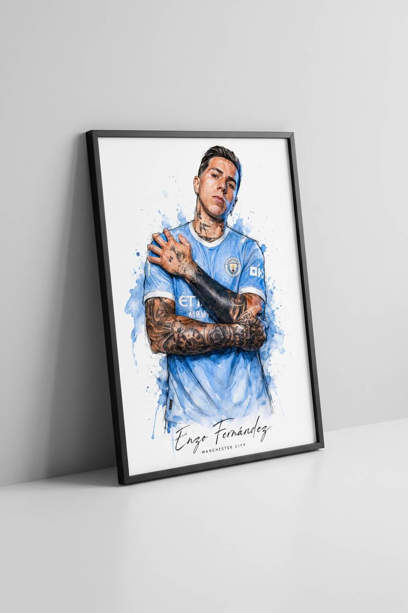 Enzo Fernández Manchester City print in black frame close-up