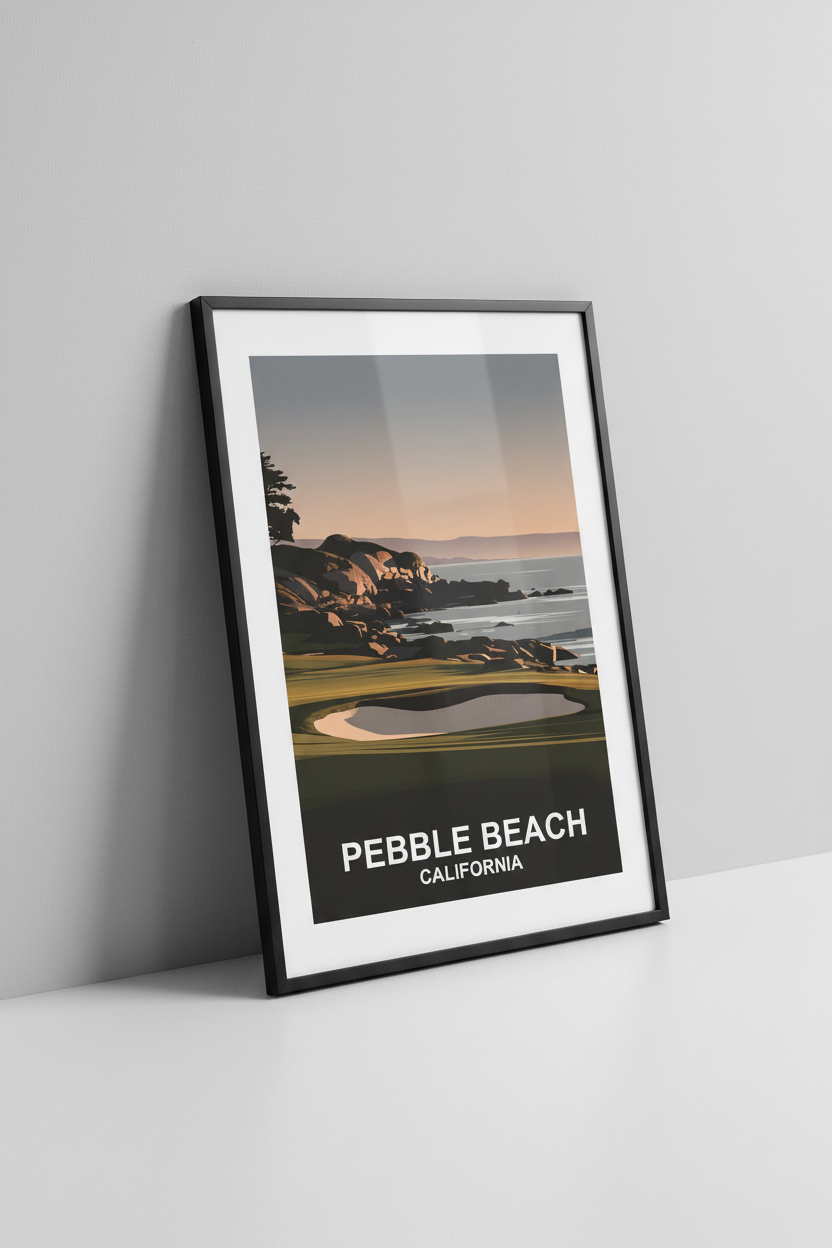 Pebble Beach California golf course print in black frame close-up