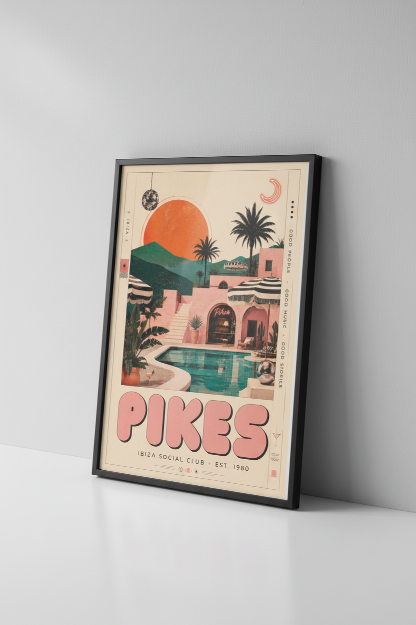 Pikes Ibiza print in black frame close-up