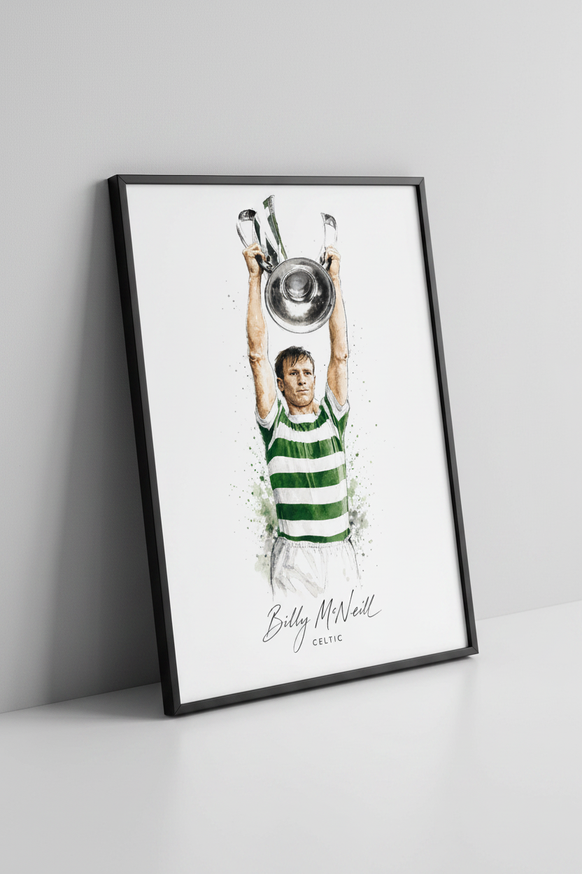 Billy McNeill Celtic legend print in black frame close-up