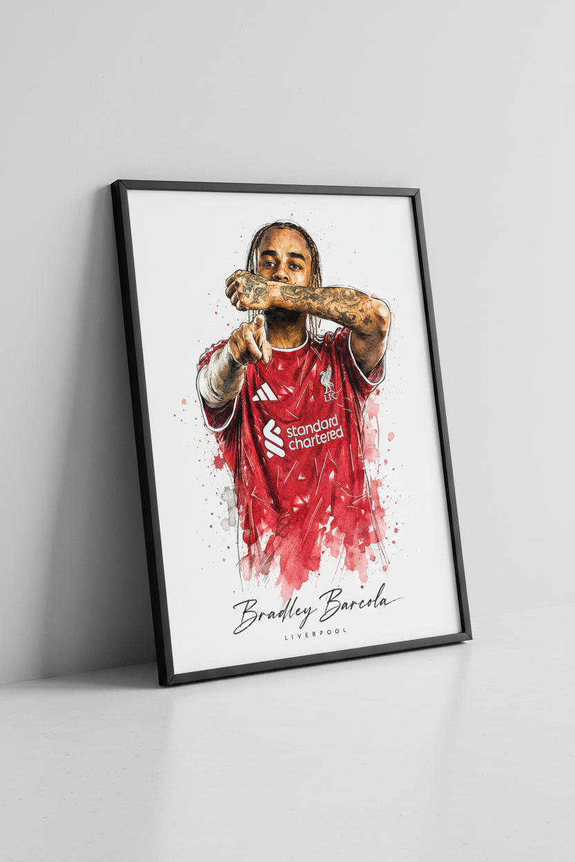 Bradley Barcola Liverpool print in black frame close-up