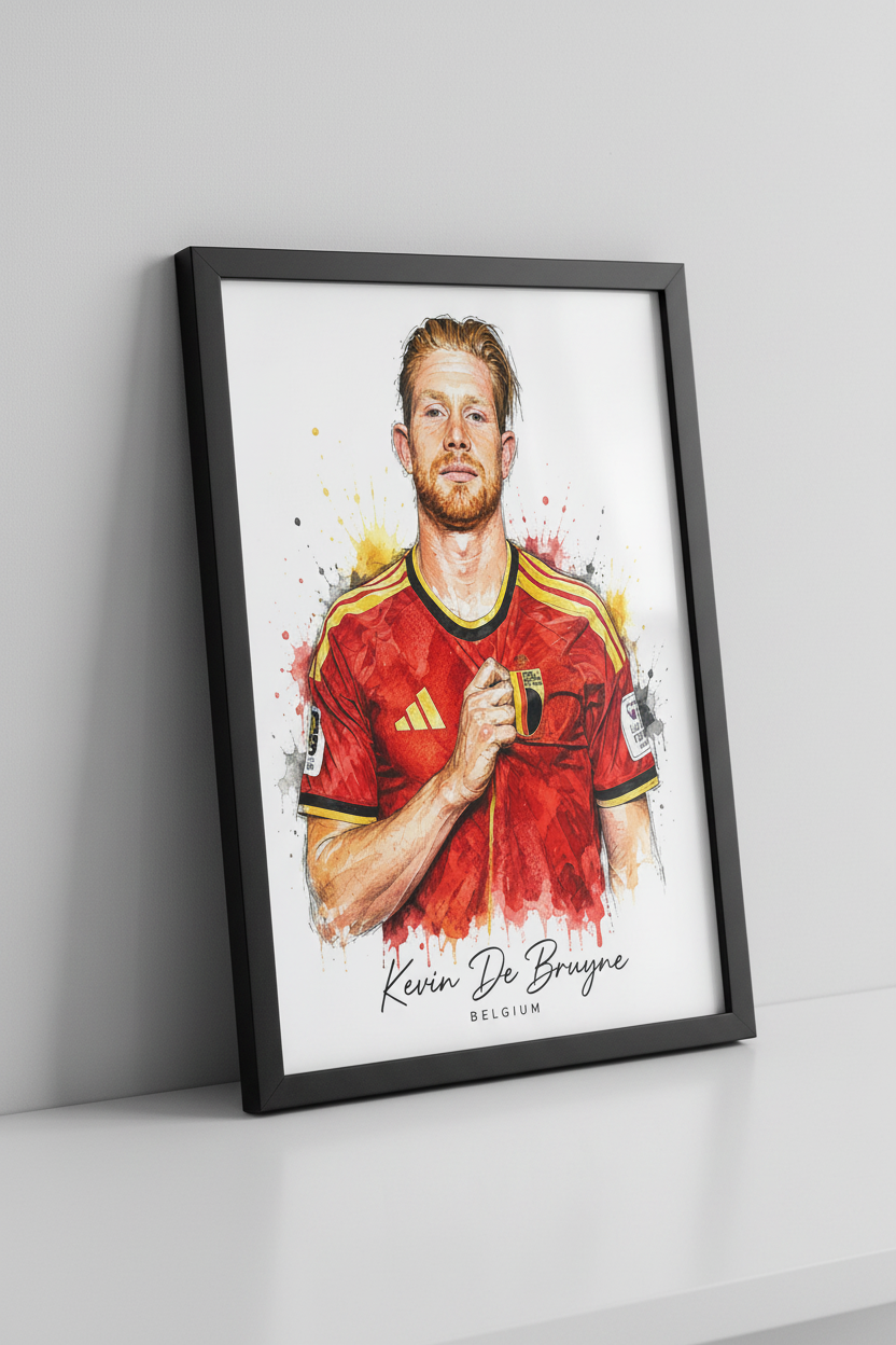 Kevin De Bruyne Belgium watercolour print in black frame close-up