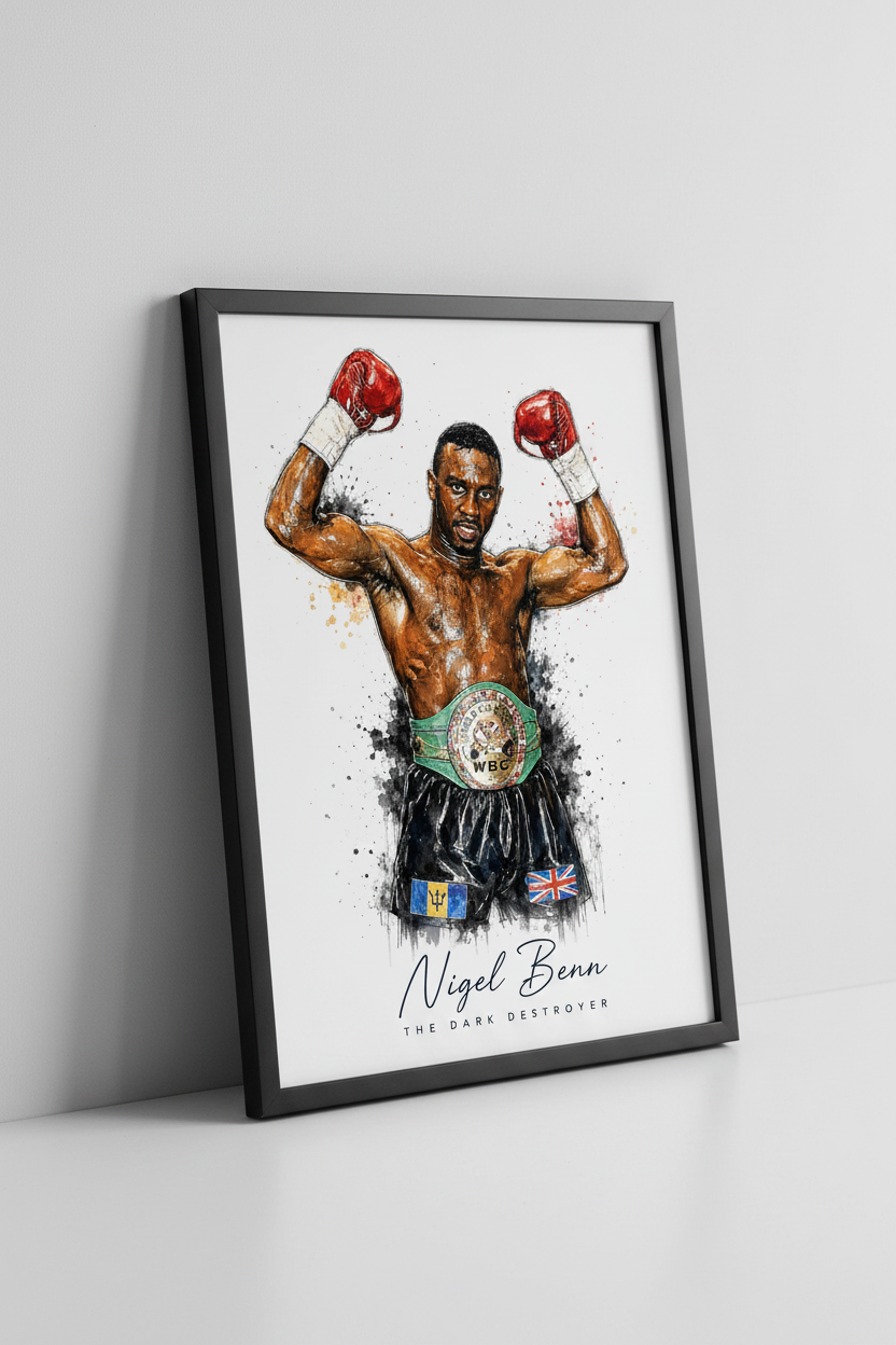 Nigel Benn boxing print in black frame close-up