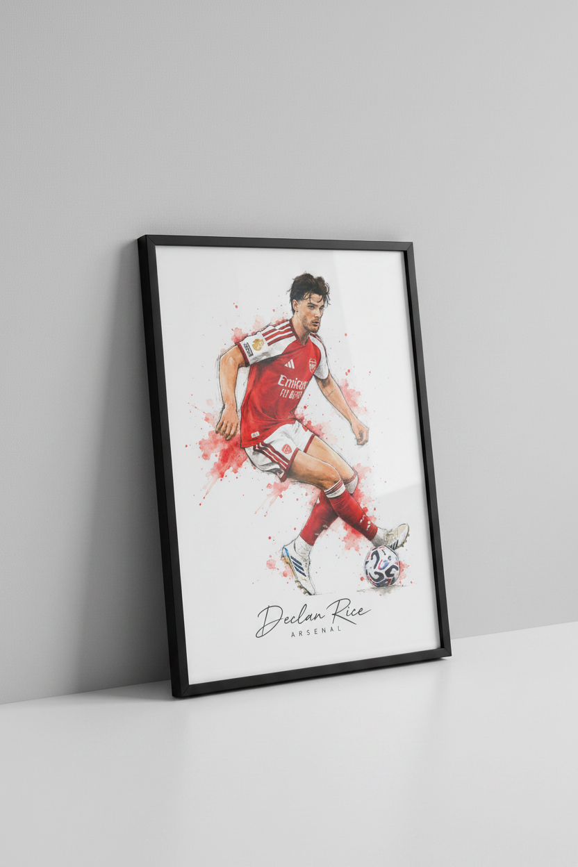 Declan Rice Arsenal print in black frame close-up