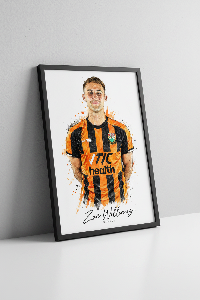 Zac Williams Barnet FC print in black frame close-up