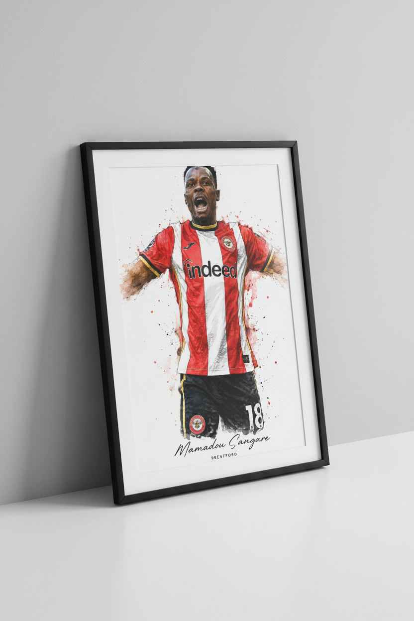 Mamadou Sangare Brentford print in black frame close-up